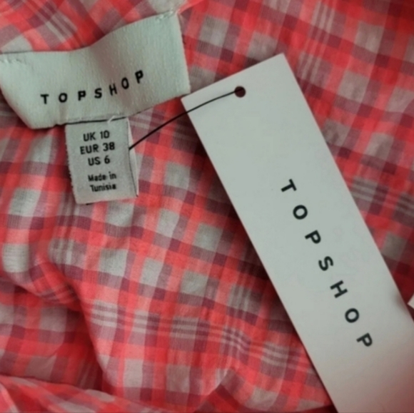 TOPSHOP Pink & White Gingham Print Long Puff Sleeve Crop Top, Size 6 - Picture 5 of 8